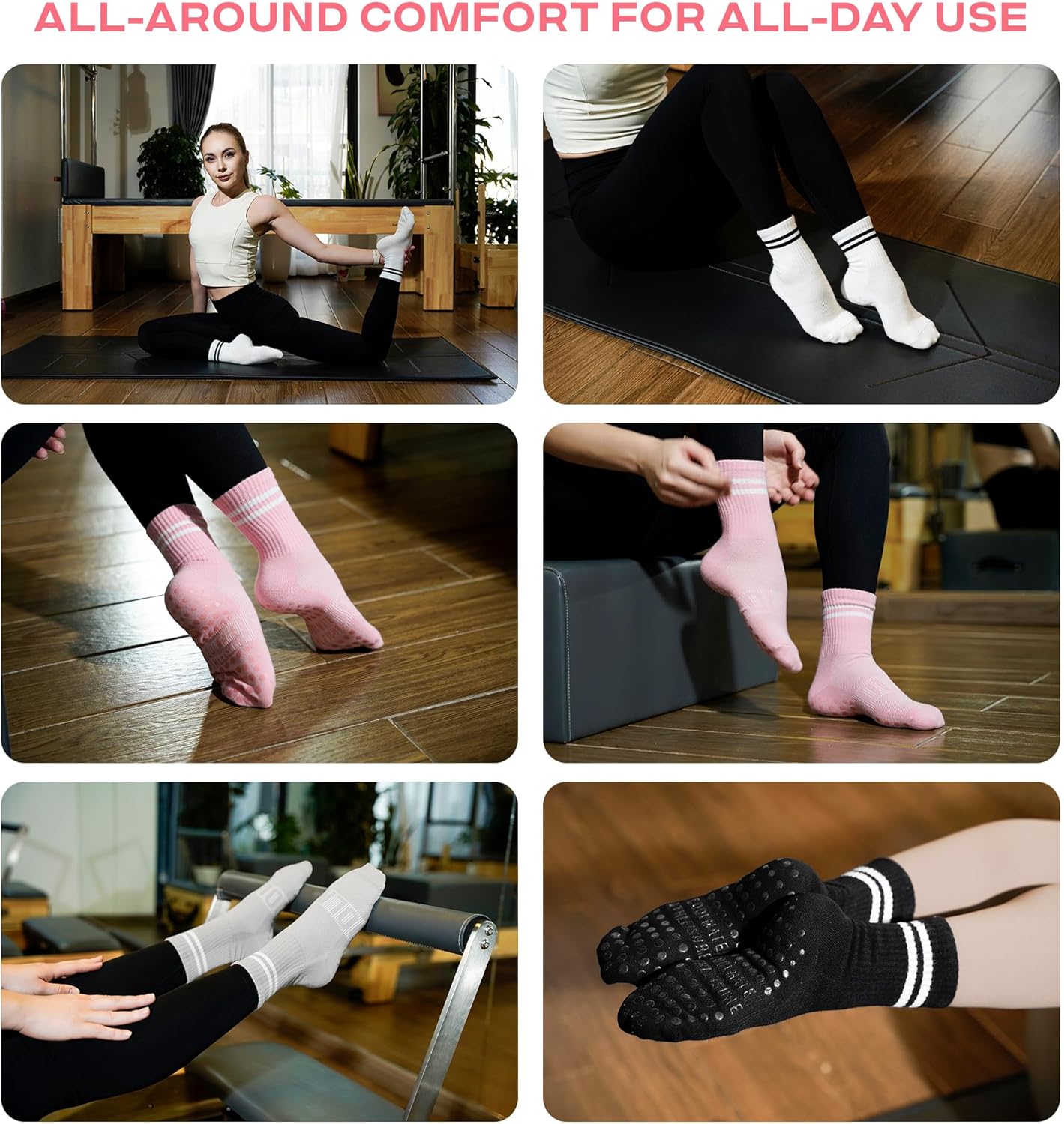 2/4 Pairs Pilates Socks with Grips for Women, Yoga Socks, Crew Non Slip Women for Workout, Barre, Pilates Gifts