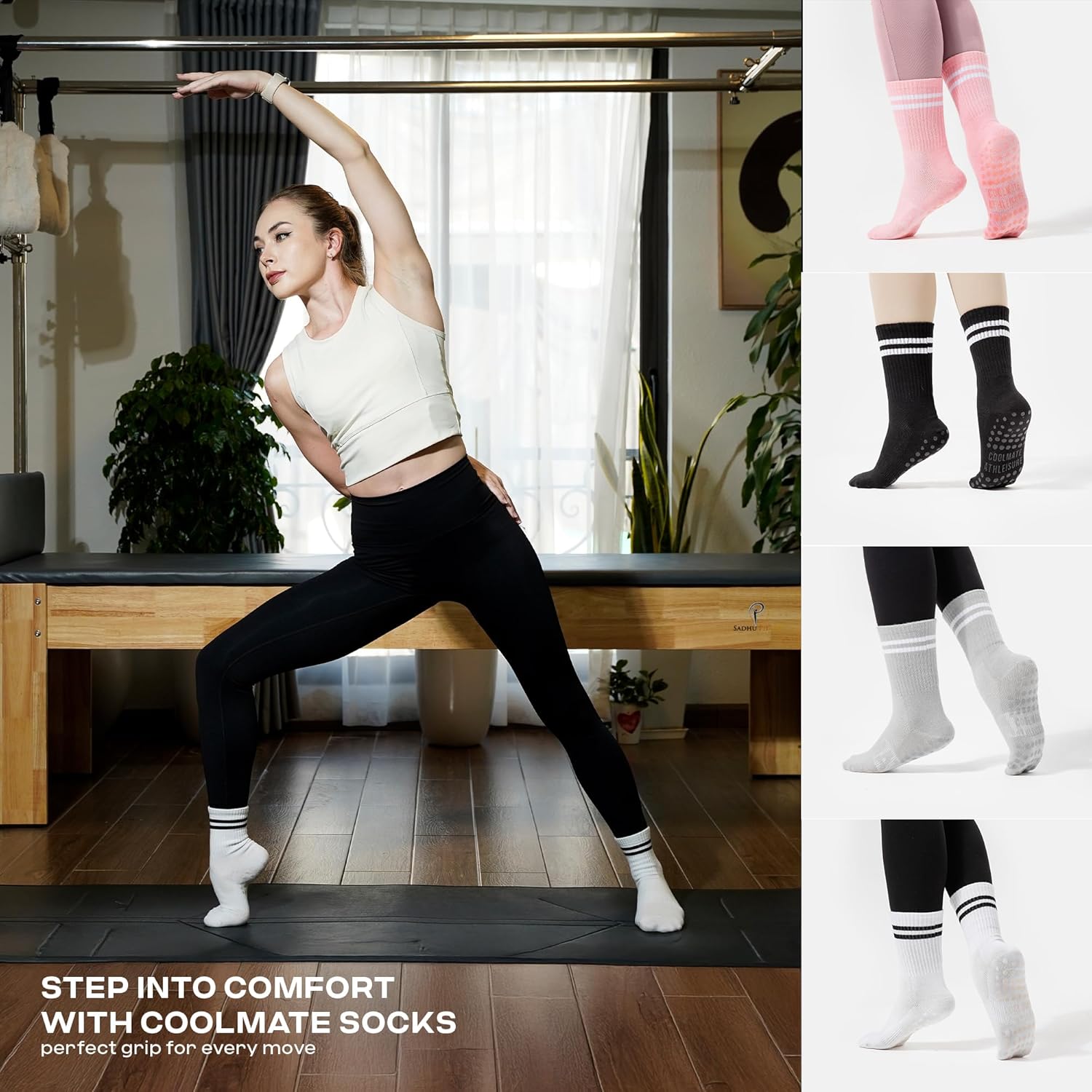 2/4 Pairs Pilates Socks with Grips for Women, Yoga Socks, Crew Non Slip Women for Workout, Barre, Pilates Gifts