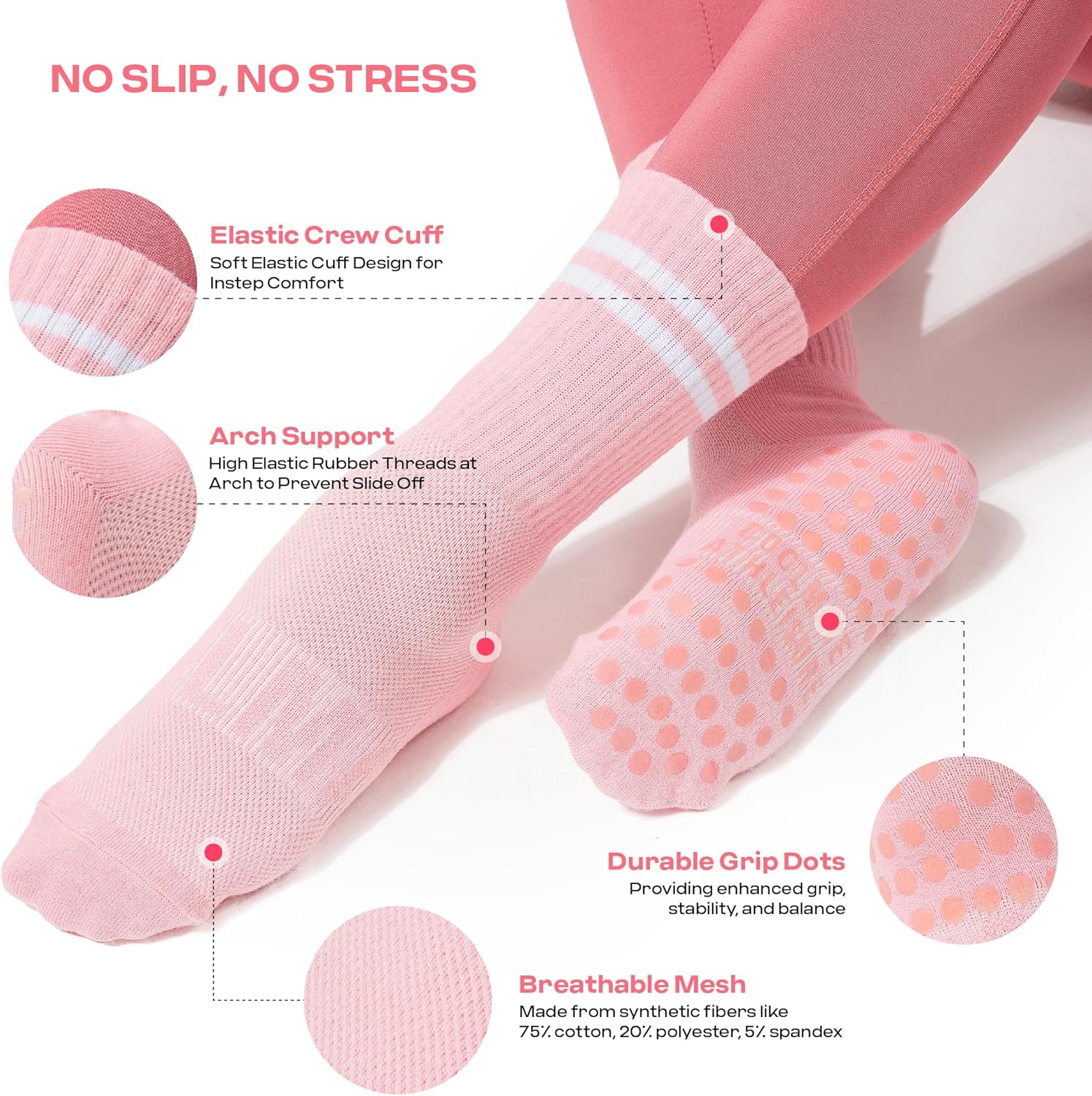 2/4 Pairs Pilates Socks with Grips for Women, Yoga Socks, Crew Non Slip Women for Workout, Barre, Pilates Gifts