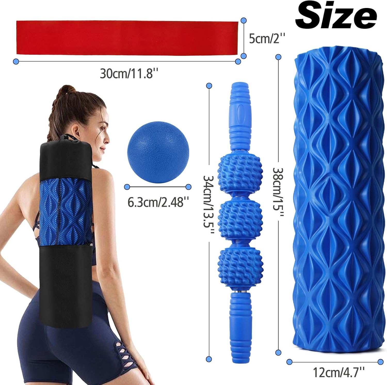 5 in 1 Foam Roller Set Trigger Point Foam Roller, Massage Roller Stick, Massage Ball, Stretching Strap for Deep Muscle Massage Pilates Yoga, Fitness Exercise for Whole Body (Blue Diamond)