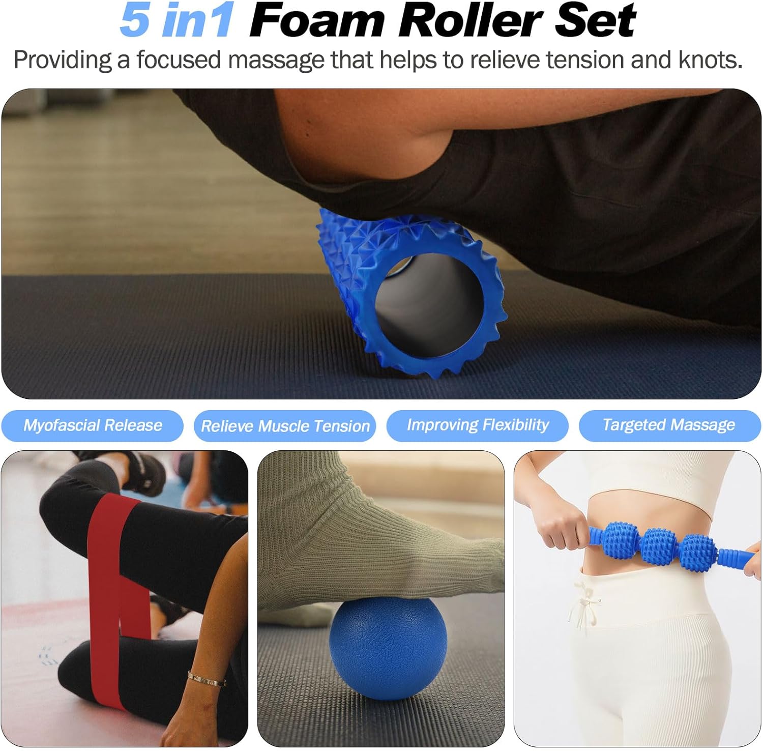 5 in 1 Massage Foam Roller Set For Deep Tissue Relief, Yoga, Pilates & Fitness