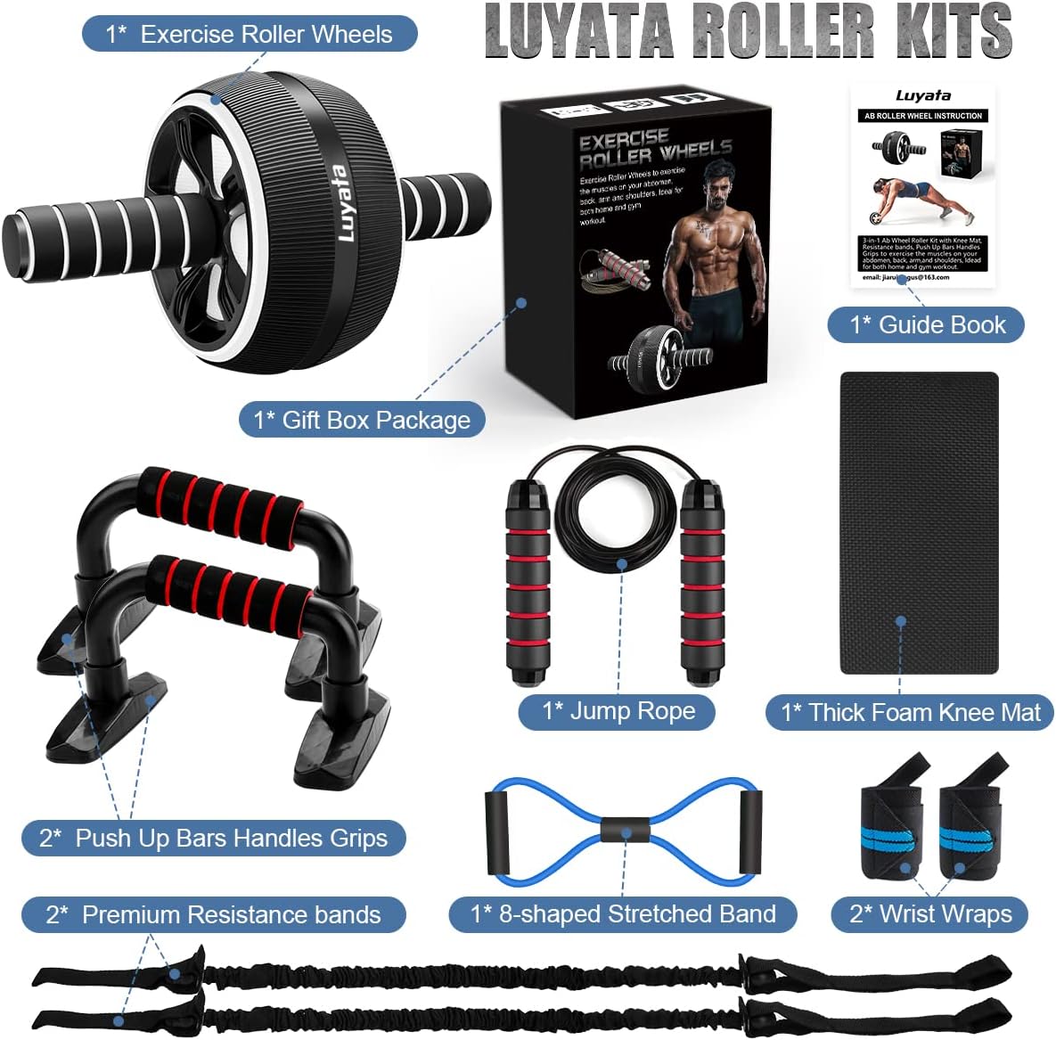 Complete 10-in-1 Ab Roller Set Core Strength Kit with Resistance Bands & Push-Up Bars