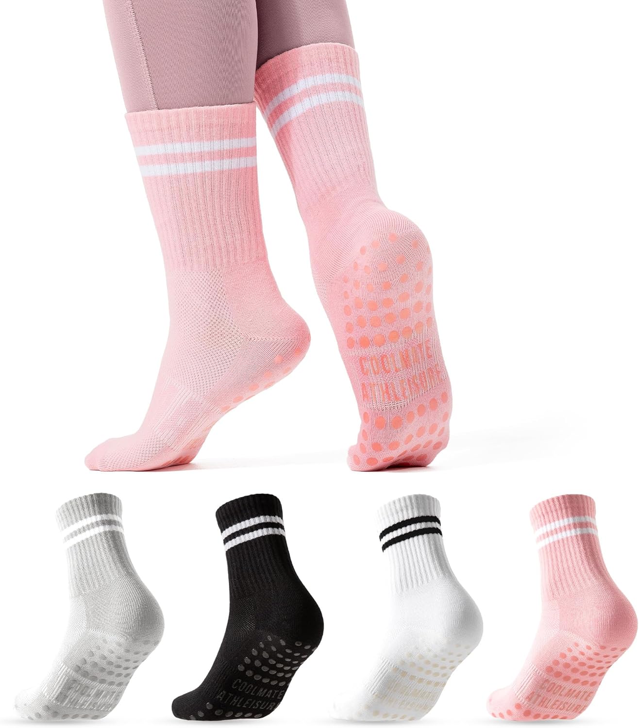 2/4 Pairs Pilates Socks with Grips for Women, Yoga Socks, Crew Non Slip Women for Workout, Barre, Pilates Gifts