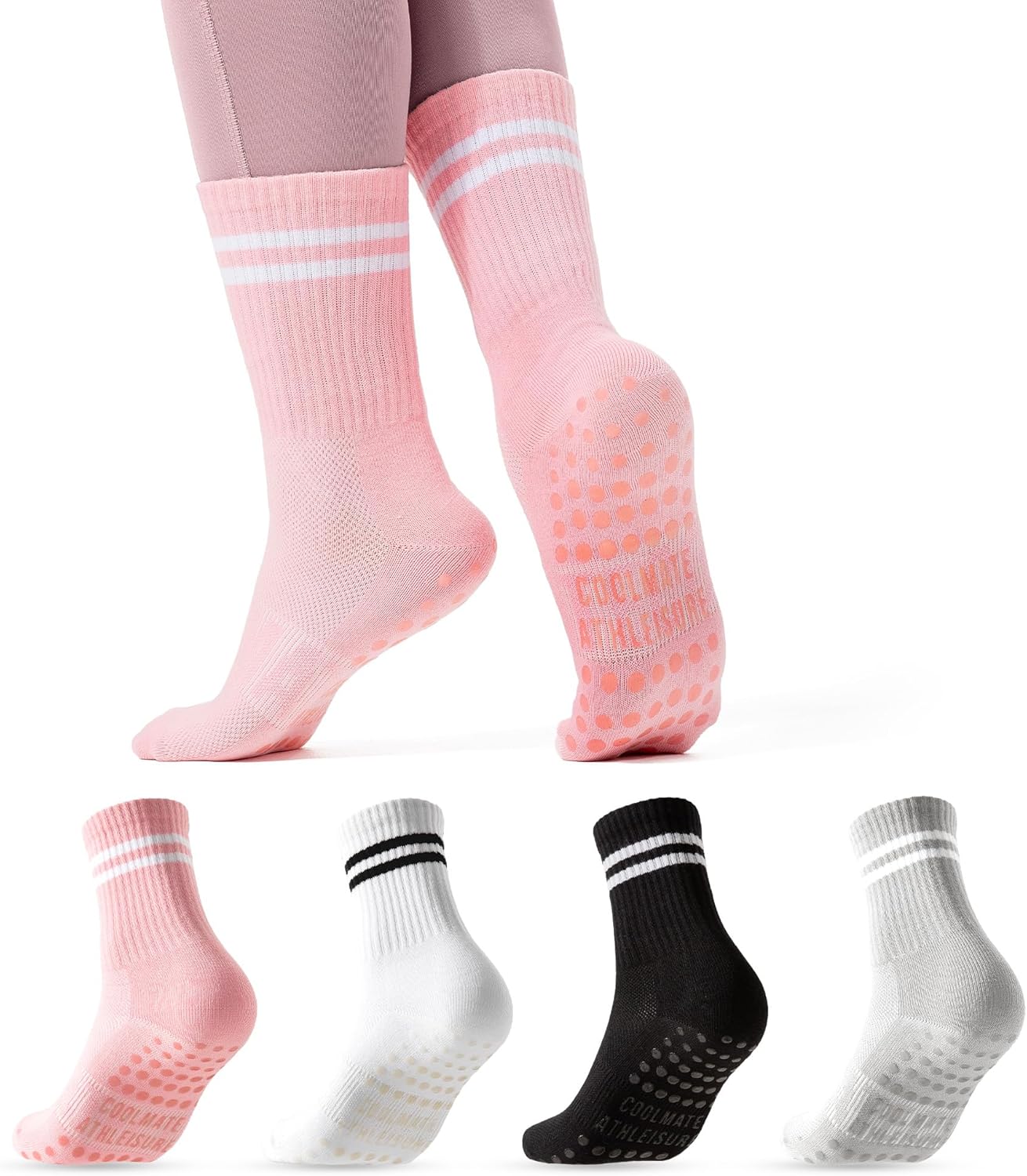 2/4 Pairs Pilates Socks with Grips for Women, Yoga Socks, Crew Non Slip Women for Workout, Barre, Pilates Gifts